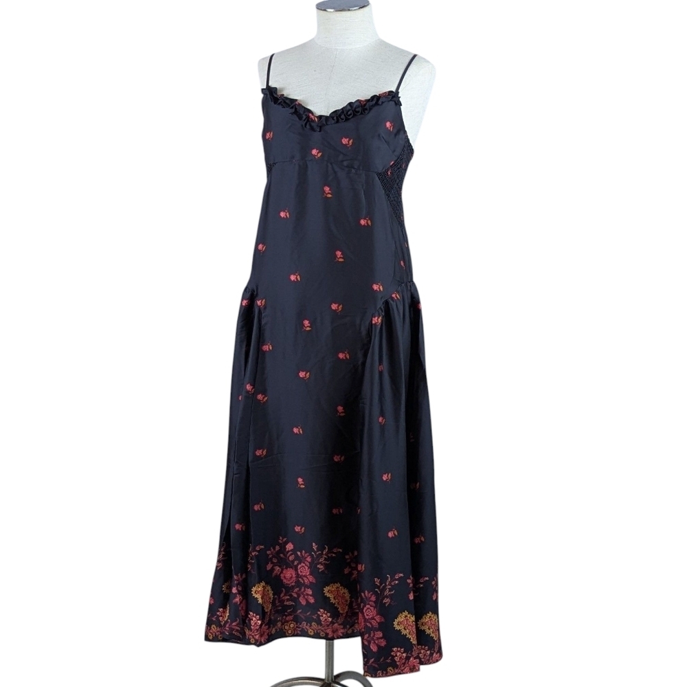Free People On My Own Maxi Dress Sleeveless Floral Print Satin Black Combo M NWT - Picture 10 of 14